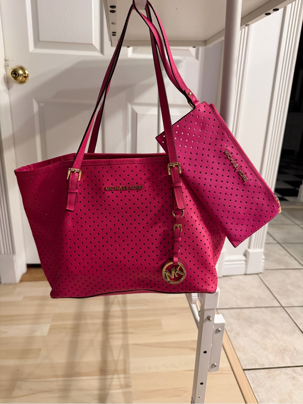 Michael Kors Hot Pink Perforated Tote with Wristlet - Picture 2 of 4